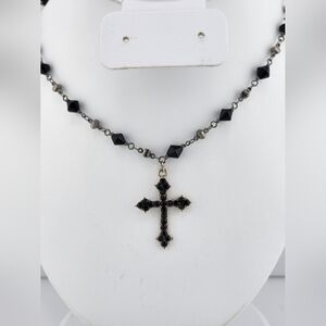 Black Crystal Cross Black Beaded Silver Tone Necklace